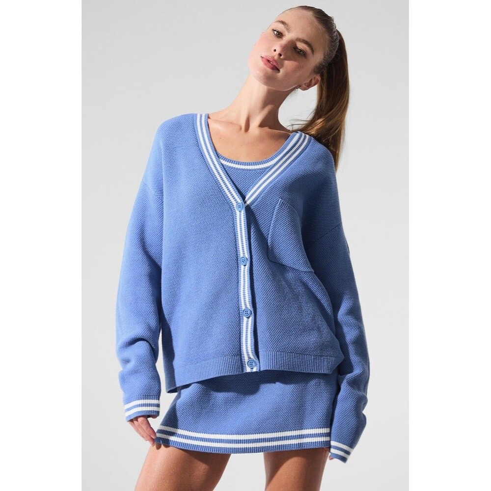 ALO Yoga Tennis Club Sweater Knit Cardigan Crystal Clear Blue/White Sz L Preppy
